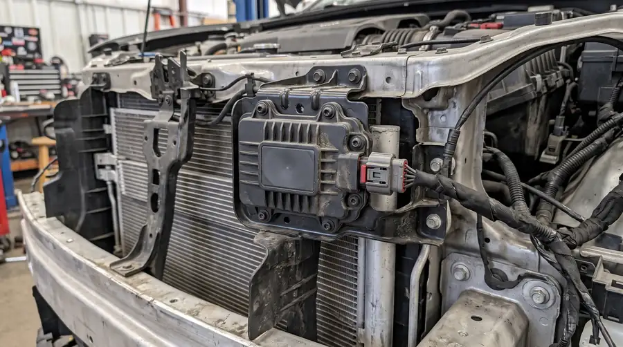 A radar sensor module mounted behind a vehicle grille with the bumper cover removed