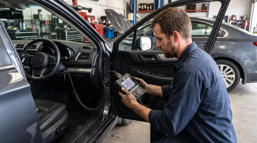 A technician running a diagnostic scan tool connected to a vehicle after a repair