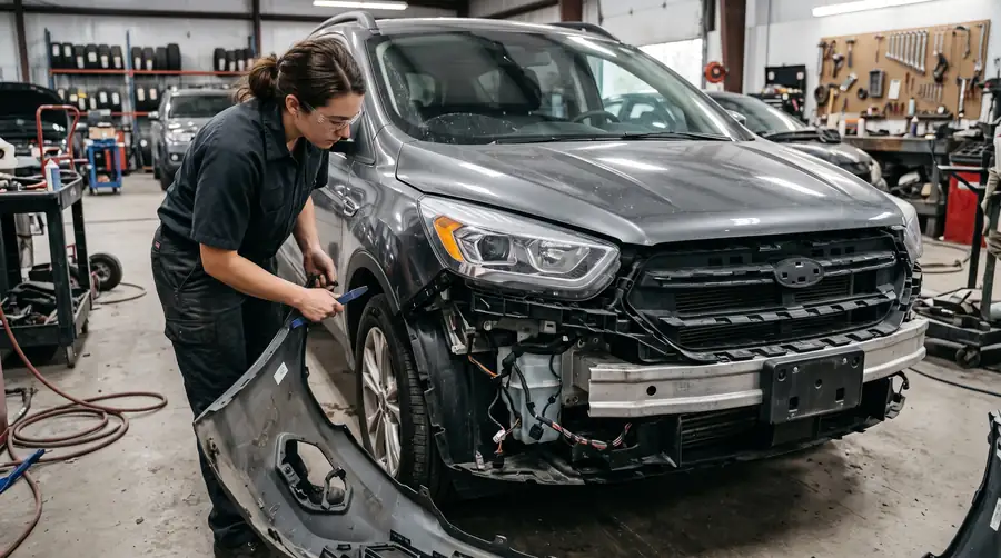 A body shop technician removing a front bumper cover, exposing the reinforcement bar and sensor wiring behind it