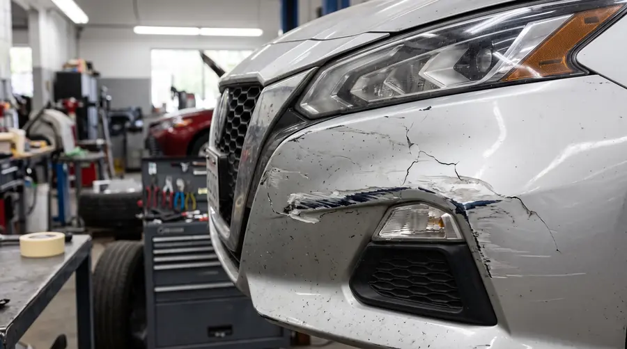 A scuffed and cracked front bumper cover on a silver sedan