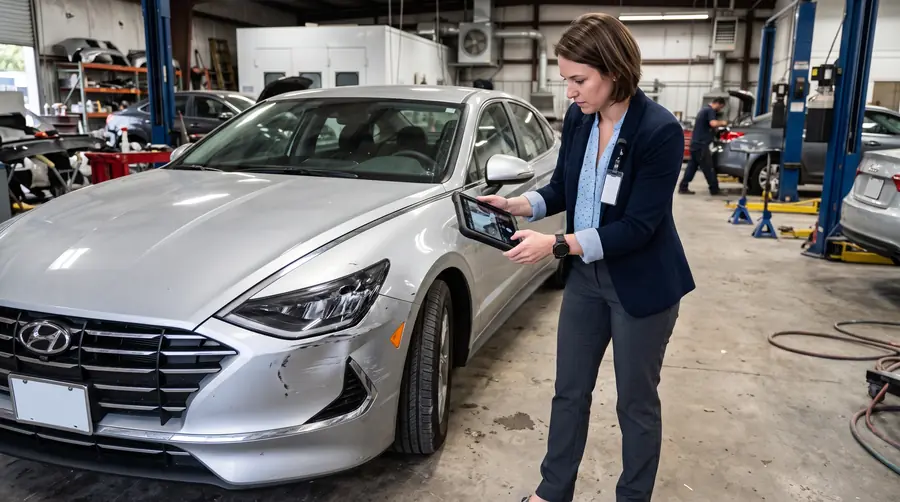 An adjuster photographing damage to the front of a car