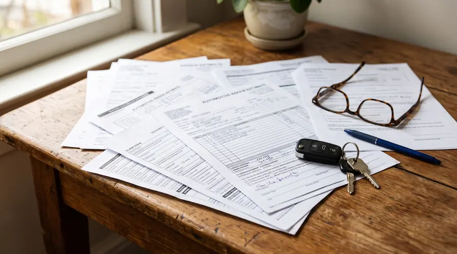 A repair estimate and insurance documents spread on a desk beside a set of car keys