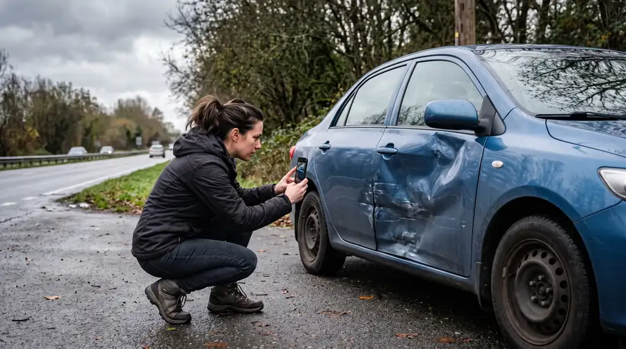 A person photographing damage to a car bumper with a phone at the roadside
