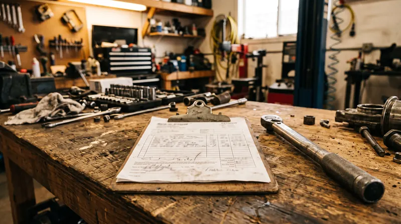 A printed collision repair estimate on a clipboard beside a torque wrench on a workbench