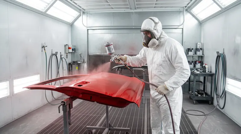 A technician in a spray suit refinishing a red truck door panel inside a paint booth
