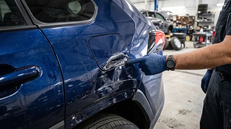 A gloved hand pointing at a creased and scuffed blue rear quarter panel