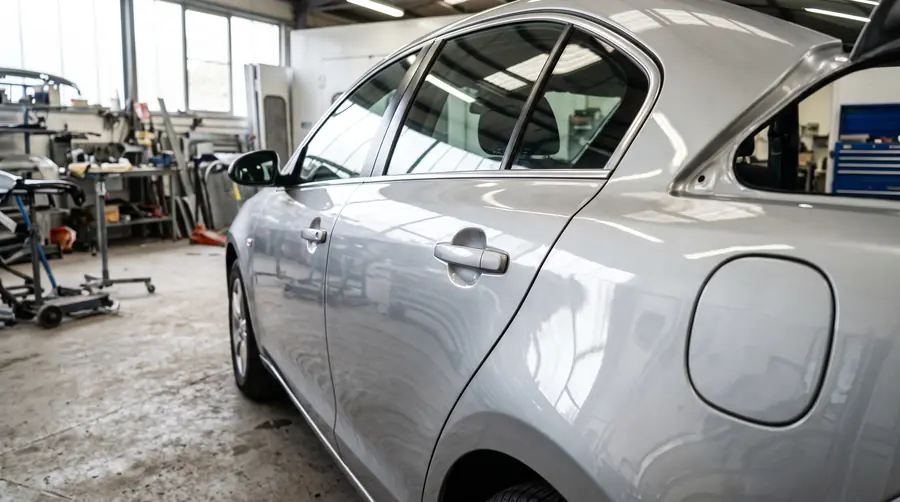 A refinished silver door panel with fresh clear coat blended into the adjacent quarter panel
