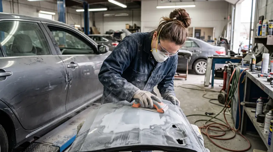 A technician sanding body filler smooth over a repaired dent on a car door panel