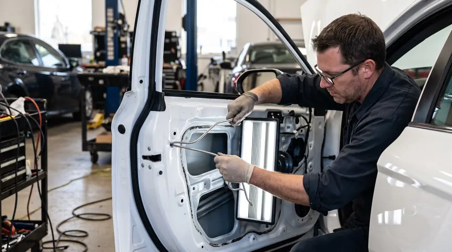 A technician using a rod behind a door panel to push out a dent