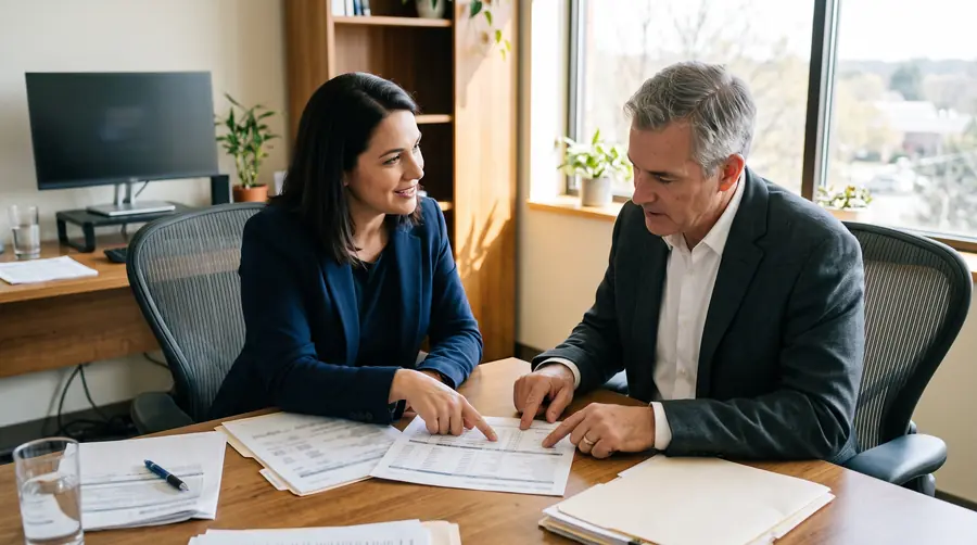 Two people reviewing vehicle valuation documents across a desk