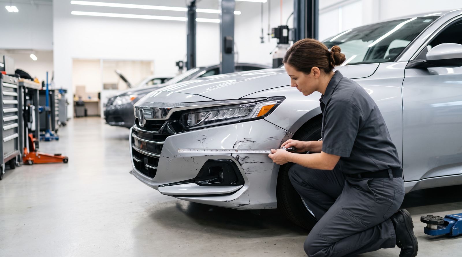 Body shop technician measuring damage on the front bumper of a silver Honda Accord