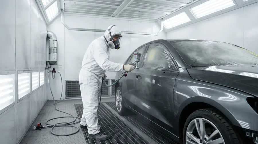 A technician spraying base coat onto a car body in a paint booth
