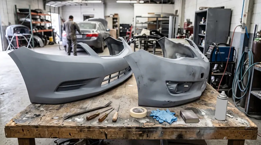 Two bumper covers side by side on a workbench for comparison before fitting