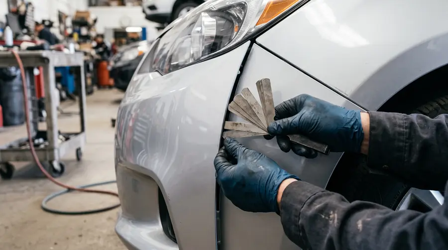 A technician checking the panel gap between a newly fitted bumper cover and a fender