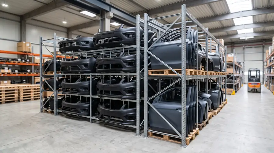 New bumper covers and body panels stacked on warehouse shelving