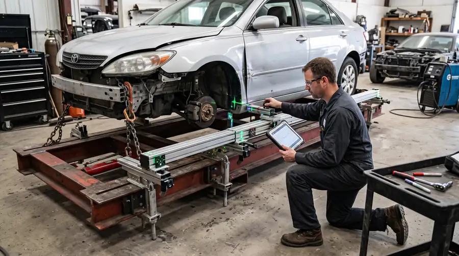 A technician working on a vehicle in a well-equipped body shop with a frame measuring system