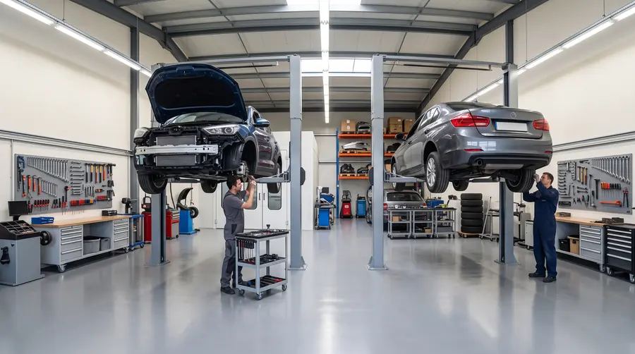 A clean well-organised collision repair shop with vehicles on lifts