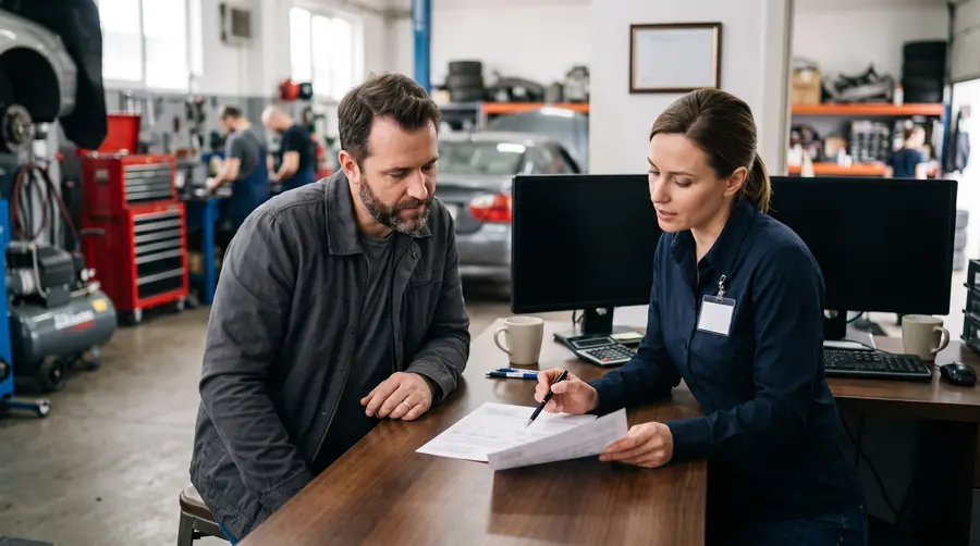 A service advisor reviewing a printed repair estimate with a customer at a counter