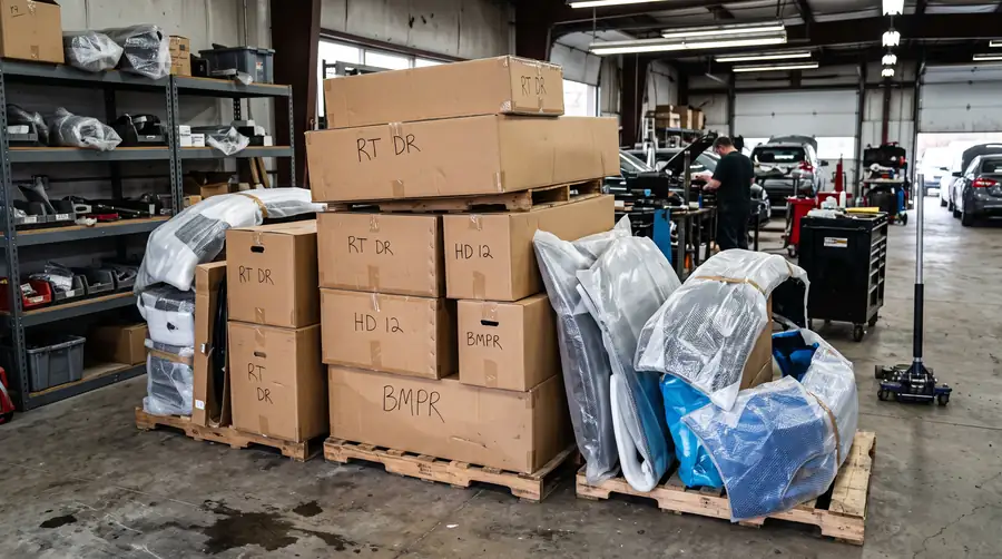 Boxed replacement body panels and parts stacked in a body shop parts area