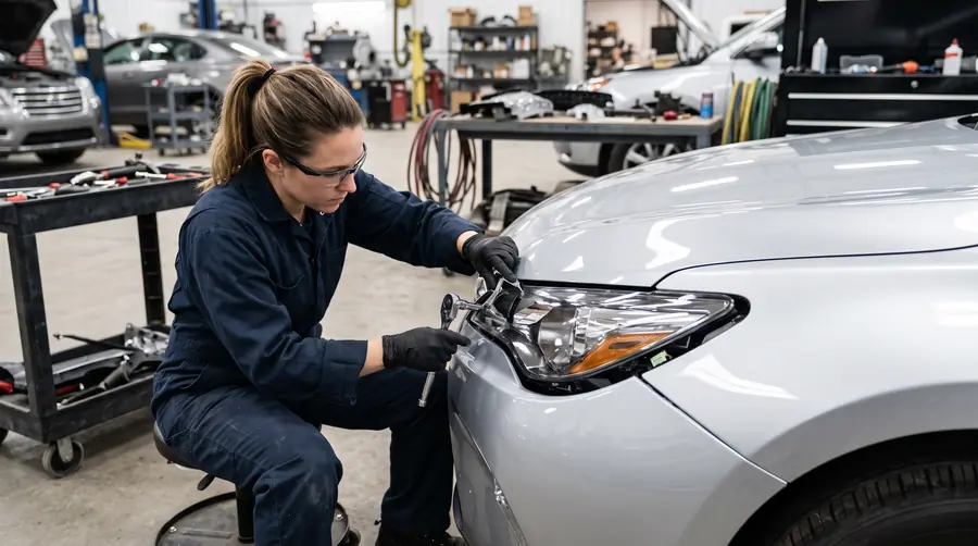 A technician reassembling trim and lights onto a repaired and repainted vehicle