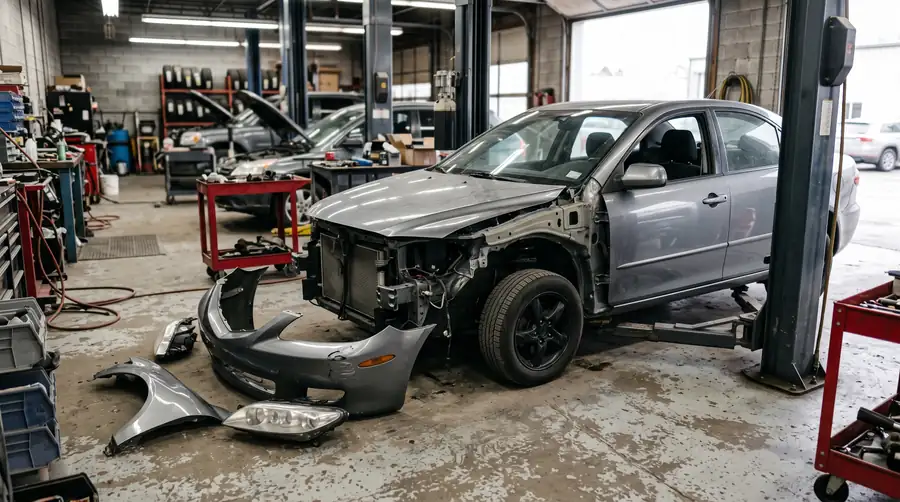 A partially disassembled vehicle in a body shop bay