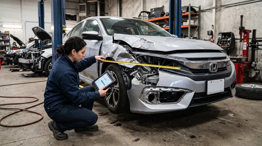 An adjuster measuring structural damage on a wrecked vehicle with a tablet in hand