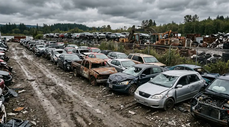 A row of damaged vehicles parked in a salvage yard
